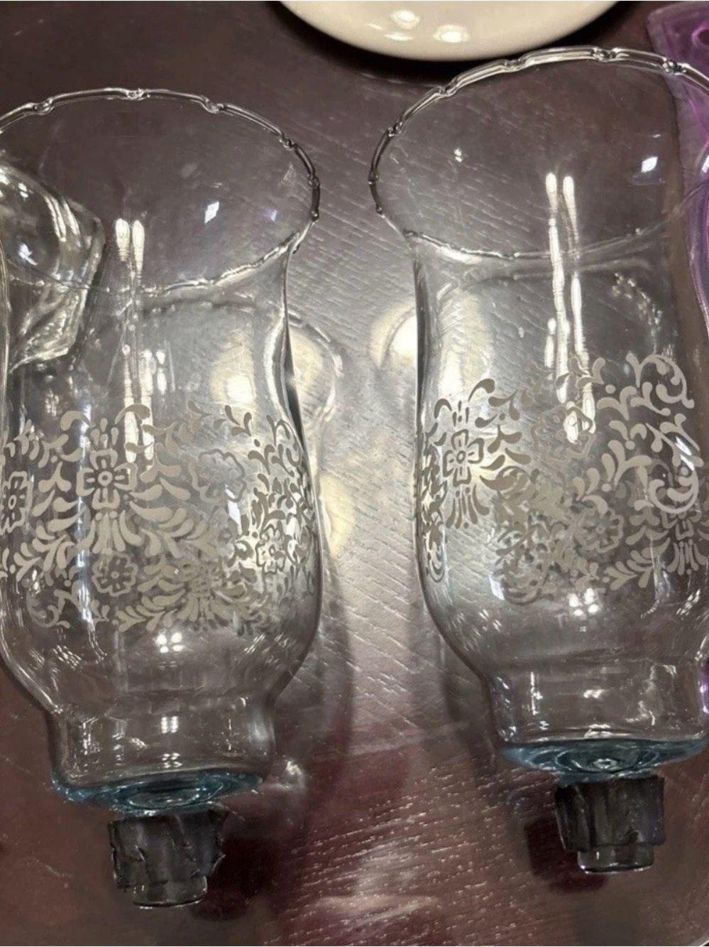 Home Interiors Set Of 2 Etched Glass Hurricane Vintage Votive Can holders Sconce